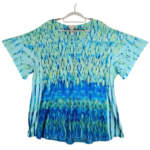 Catherines Tie-Dye Style Plus Top Womens 3X 26/28 Short Sleeve Blue Green bold - Picture 1 of 16